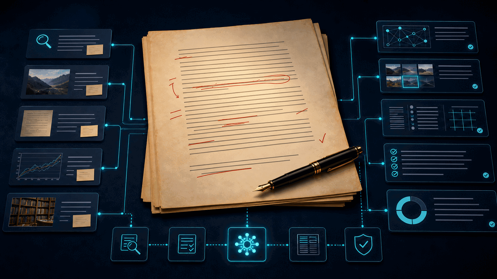 Manuscrito com revisões editoriais humanas no centro de um sistema de pesquisa, imagens, referências e validações