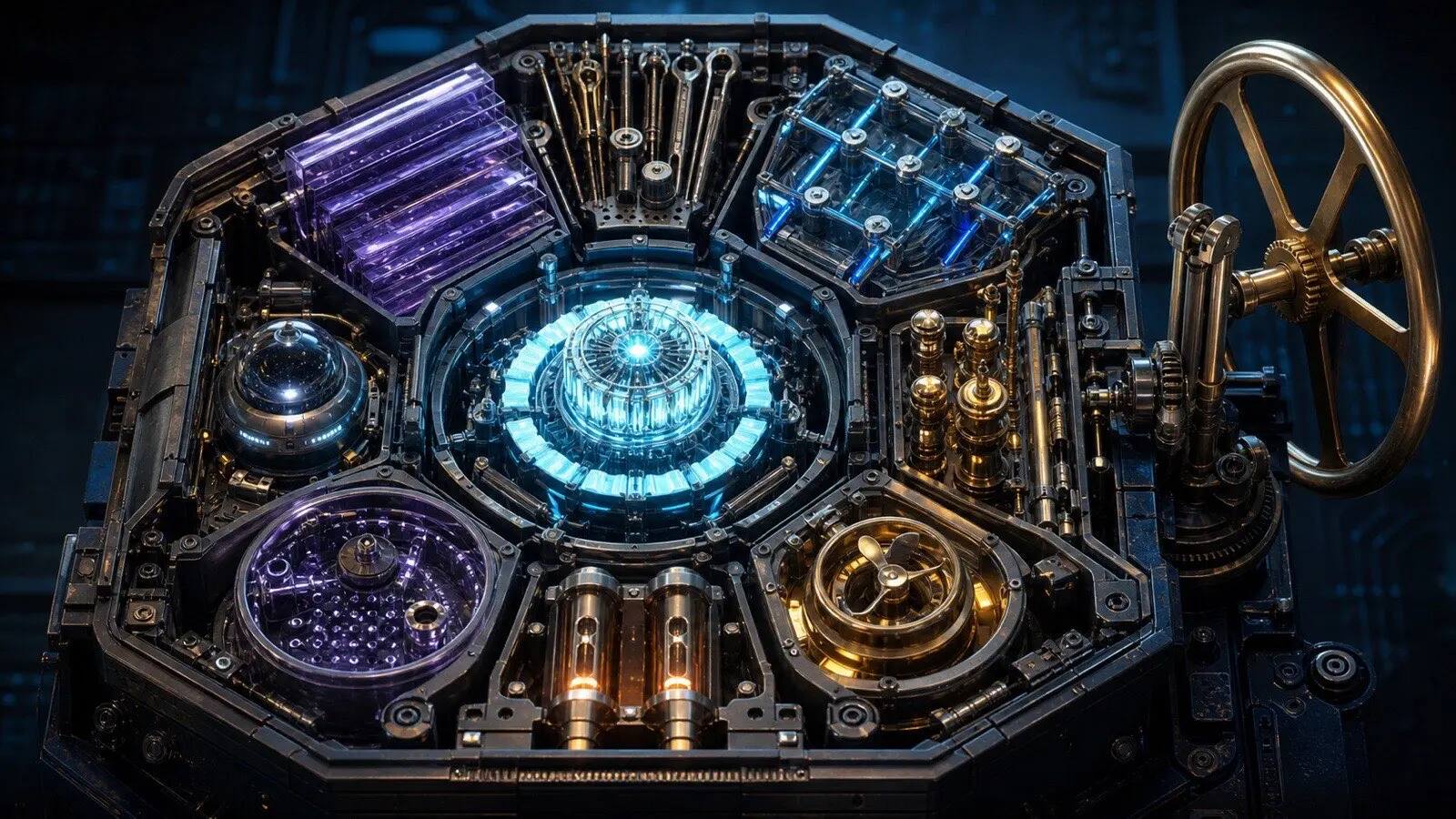 Máquina operacional aberta mostra um motor central cercado por módulos distintos e controlado por um mecanismo de direção
