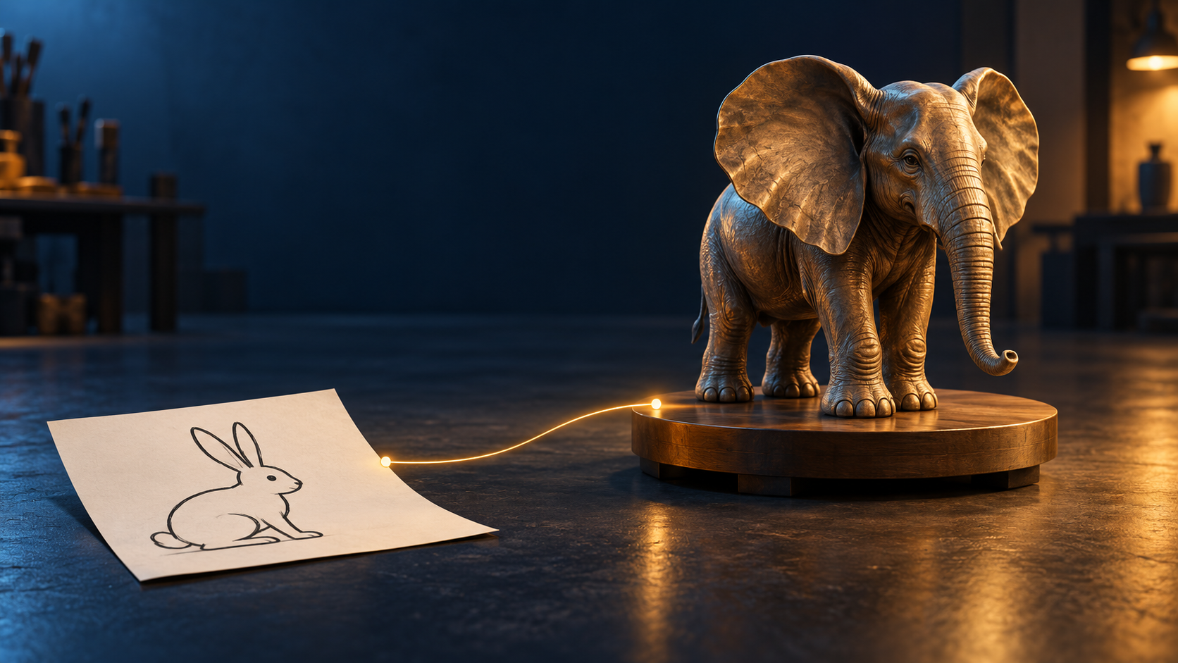 Uma escultura de elefante bem acabada chega à plataforma de entrega ao lado de uma folha com o desenho de um coelho