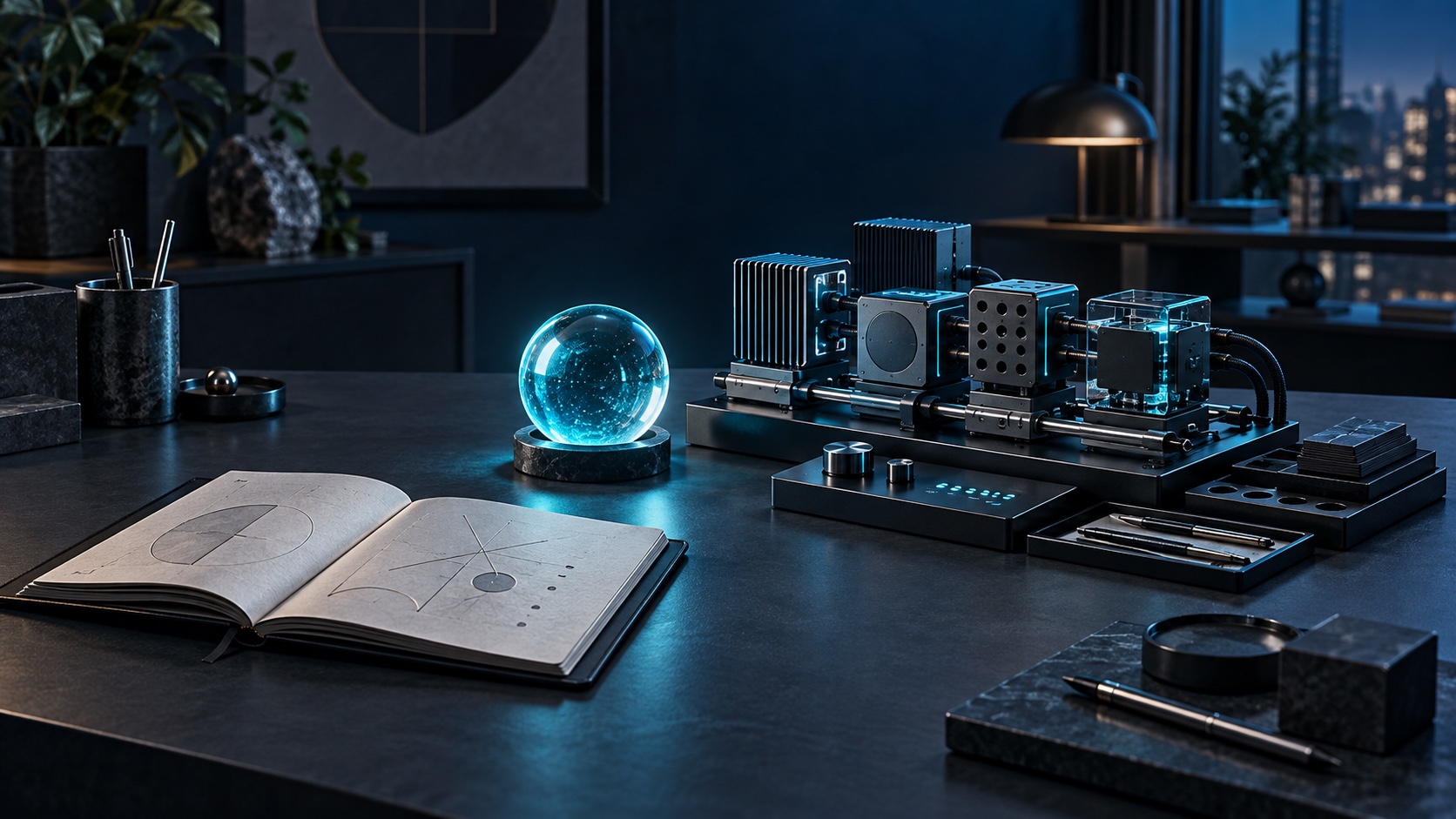 Esfera luminosa e caderno aberto ao lado de módulos e controles organizados numa bancada azul escura.